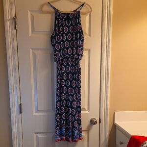 London Times Navy Blue and Red Printed Halter Maxi Dress